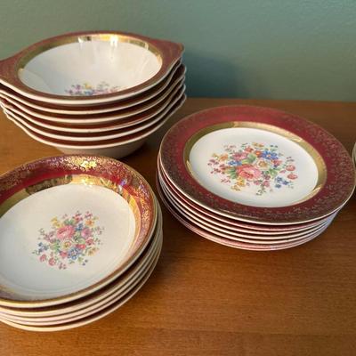 Salem Century Dinnerware Set, 23K Gold Encrusted, Red & Floral Pattern