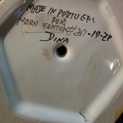 Hand-Painted Portuguese Faience Apothecary Jar for Nora Fenton — Signed “Dina” — Hexagonal Lidded Urn (14”)