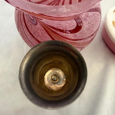 Sale Photo Thumbnail #189: Silver plated hand bell - missing hanging chime
Red and pink swirl vase
50th anniversary trinket dish