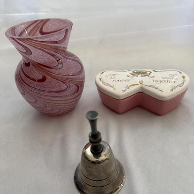 Sale Photo Thumbnail #188: Silver plated hand bell - missing hanging chime
Red and pink swirl vase
50th anniversary trinket dish