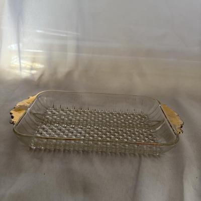 Sale Photo Thumbnail #216: vintage Anchor Hocking Hobnail divided relish tray with a gold trim.