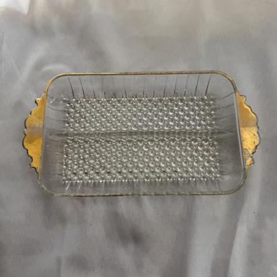 Sale Photo Thumbnail #217: vintage Anchor Hocking Hobnail divided relish tray with a gold trim.