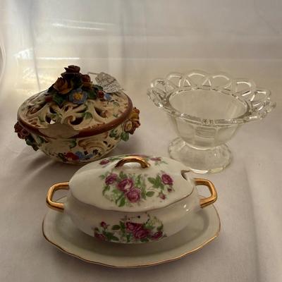 Sale Photo Thumbnail #218: Capodimonte porcelain lidded - chip on side 
Vintage Imperial Glass crocheted crystal bowl
Vintage Royal Crown 1446 covered dish