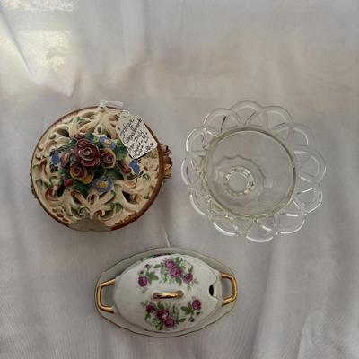 Sale Photo Thumbnail #219: Capodimonte porcelain lidded - chip on side 
Vintage Imperial Glass crocheted crystal bowl
Vintage Royal Crown 1446 covered dish