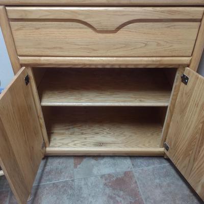 OAK STOOL AND CABINET WITH A DRAWER