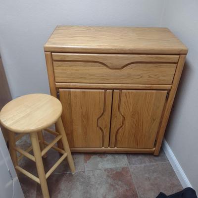 OAK STOOL AND CABINET WITH A DRAWER
