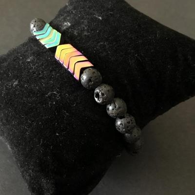 Volcanic stone bead bracelet, stretch bracelet with rainbow, metal chevron design