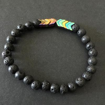 Volcanic stone bead bracelet, stretch bracelet with rainbow, metal chevron design