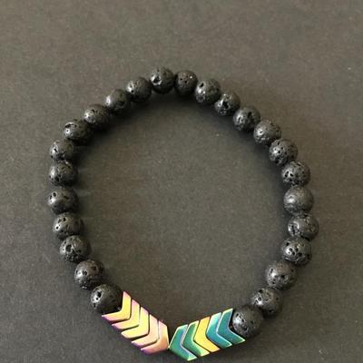 Volcanic stone bead bracelet, stretch bracelet with rainbow, metal chevron design