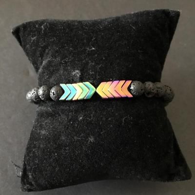 Volcanic stone bead bracelet, stretch bracelet with rainbow, metal chevron design