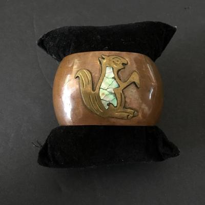 Vintage, Mexican bronze cuff, abalone, shell, inlay, copper, and brass cuff