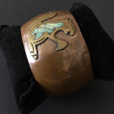 Vintage, Mexican bronze cuff, abalone, shell, inlay, copper, and brass cuff
