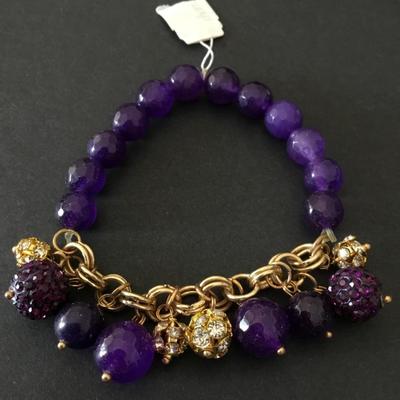 Dark purple plum, gold tone, faceted, glass bead, charm, stretch bracelet