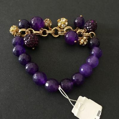 Dark purple plum, gold tone, faceted, glass bead, charm, stretch bracelet