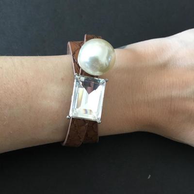 Super cute, faux leather rhinestone, faux, pearl wrap bracelet