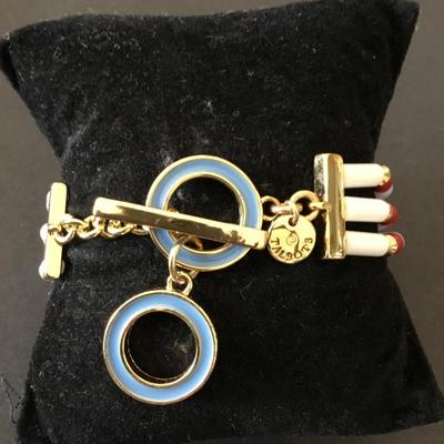 Talbots very nice multicolored bead, gold tone, blue enamel toggle bracelet
