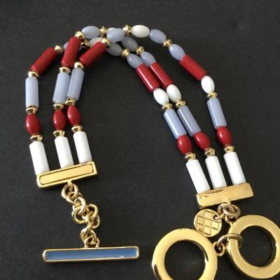 Talbots very nice multicolored bead, gold tone, blue enamel toggle bracelet