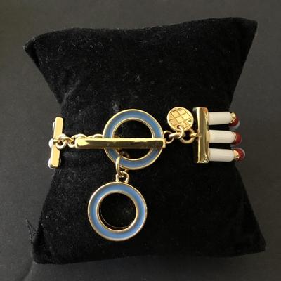 Talbots very nice multicolored bead, gold tone, blue enamel toggle bracelet