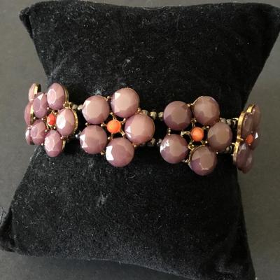 Beautiful, vintage, gold tone, purple orange flower stretch bracelet