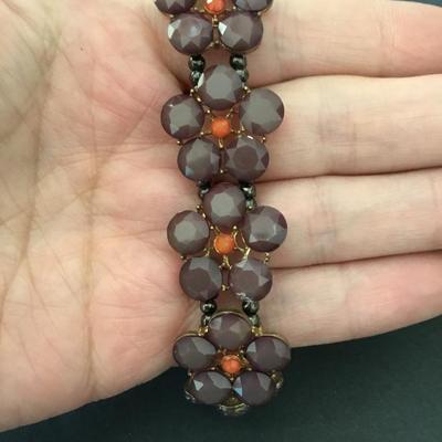 Beautiful, vintage, gold tone, purple orange flower stretch bracelet