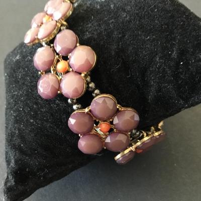 Beautiful, vintage, gold tone, purple orange flower stretch bracelet