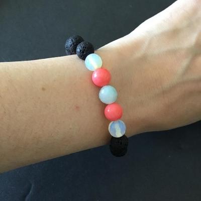 Moonstone & volcanic bead stretch bracelet, shell charm