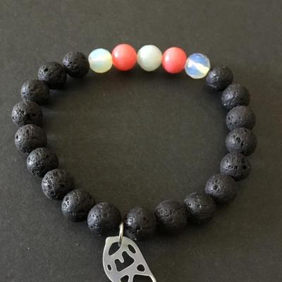 Moonstone & volcanic bead stretch bracelet, shell charm