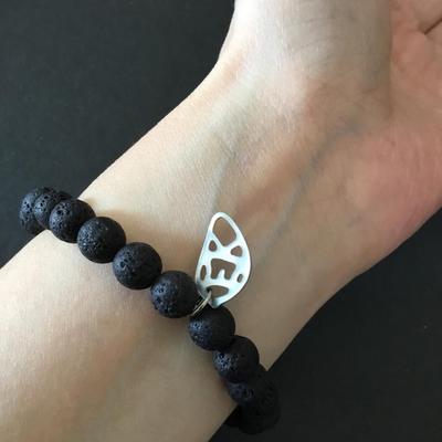 Moonstone & volcanic bead stretch bracelet, shell charm