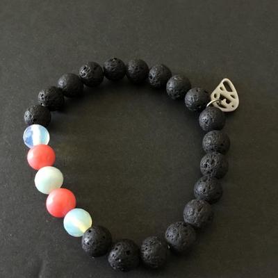 Moonstone & volcanic bead stretch bracelet, shell charm