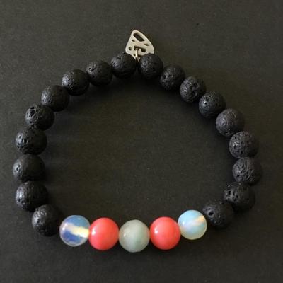 Moonstone & volcanic bead stretch bracelet, shell charm