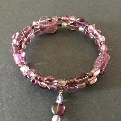 Super cute light, purple glass, bead, wrap, bracelet, heart charm