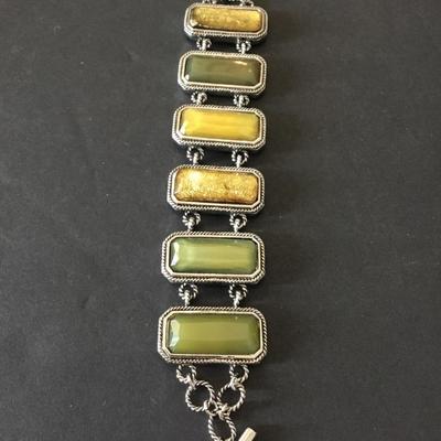 Beautiful very nice silver tone, green golden yellow panel toggle bracelet very nice