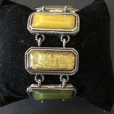 Beautiful very nice silver tone, green golden yellow panel toggle bracelet very nice