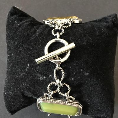 Beautiful very nice silver tone, green golden yellow panel toggle bracelet very nice