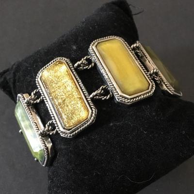 Beautiful very nice silver tone, green golden yellow panel toggle bracelet very nice