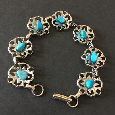 Vintage Silvertone, flower, turquoise, gemstone chips