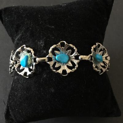 Vintage Silvertone, flower, turquoise, gemstone chips