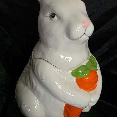 Vintage Ceramic Bunny Cookie Jar – White Rabbit with Carrot – 12” Collectible Spring Kitchen Decor