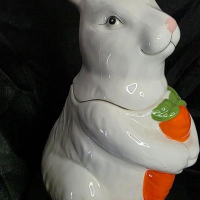 Vintage Ceramic Bunny Cookie Jar – White Rabbit with Carrot – 12” Collectible Spring Kitchen Decor