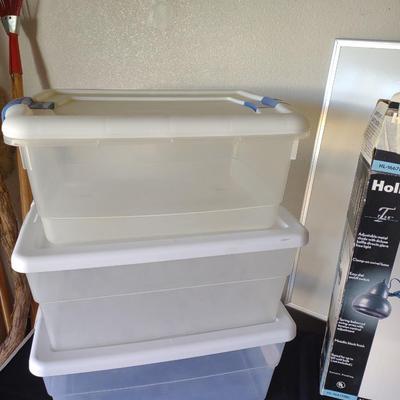 SWING ARM DESK LAMP, DRY ERASE BOARD AND 3 SMALLER STORAGE TOTES