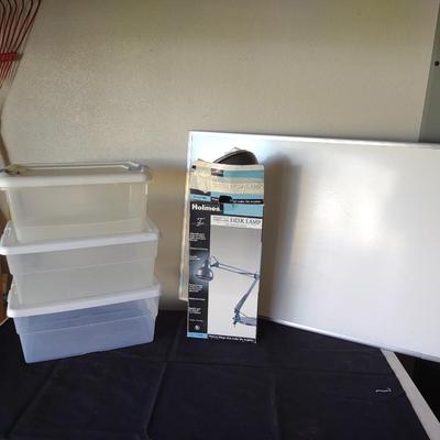 SWING ARM DESK LAMP, DRY ERASE BOARD AND 3 SMALLER STORAGE TOTES