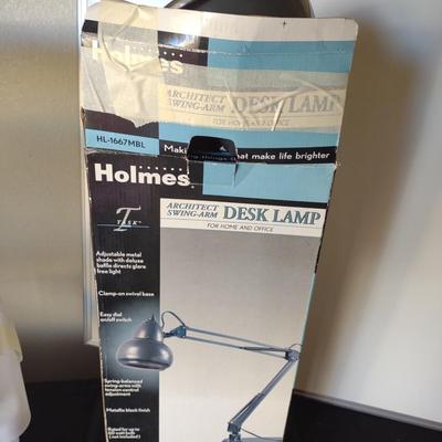 SWING ARM DESK LAMP, DRY ERASE BOARD AND 3 SMALLER STORAGE TOTES