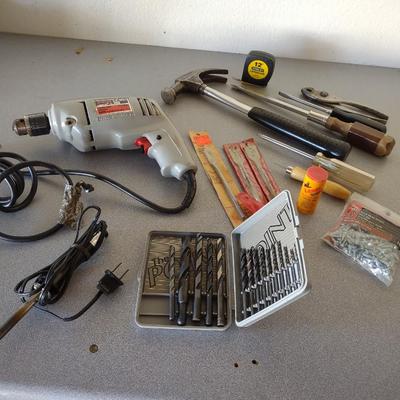 CORDED DRILL, BITS AND HAND TOOLS