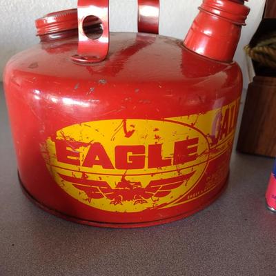 METAL GAS CAN, PIECES OF ROPE, FUNNEL & OIL