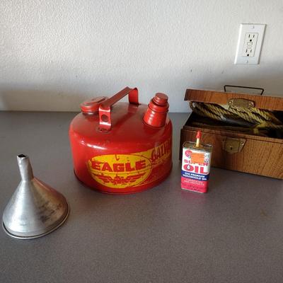 METAL GAS CAN, PIECES OF ROPE, FUNNEL & OIL