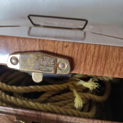 METAL GAS CAN, PIECES OF ROPE, FUNNEL & OIL