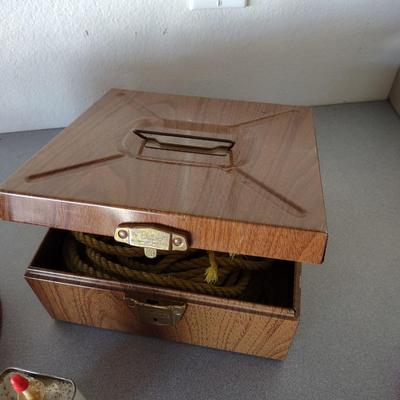 METAL GAS CAN, PIECES OF ROPE, FUNNEL & OIL