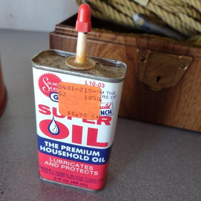 METAL GAS CAN, PIECES OF ROPE, FUNNEL & OIL