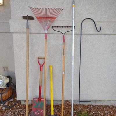 SLEDGE HAMMER, YARD TOOLS AND A SHEPHERDS HOOK