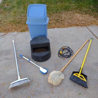 TRASH CAN, STEP STOOL, BROOMS AND MORE